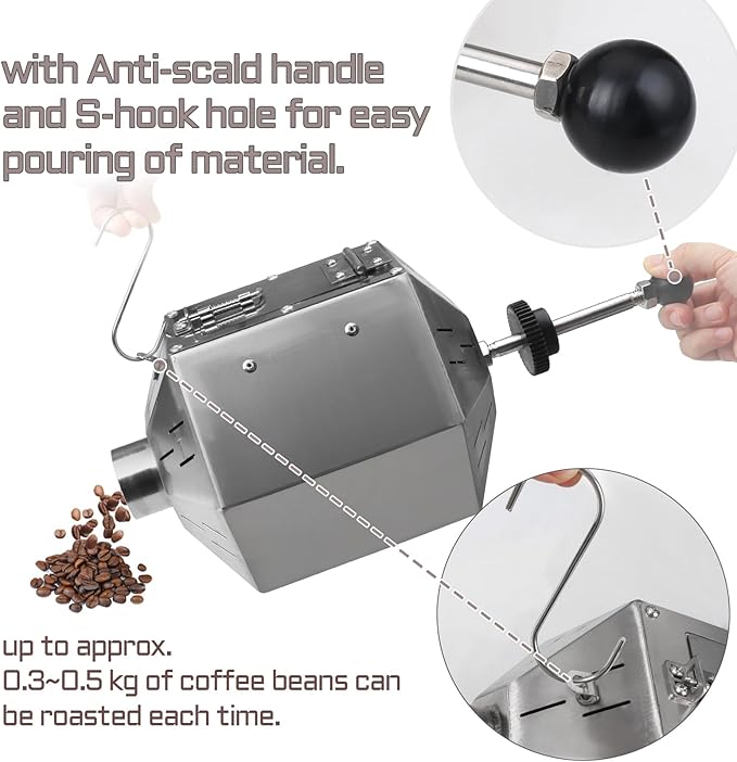 Coffee Bean Roaster with Cooler Gas 3.8L Coffee Bean Baker Drum Type Stainless Steel for Home and Commercial Use
