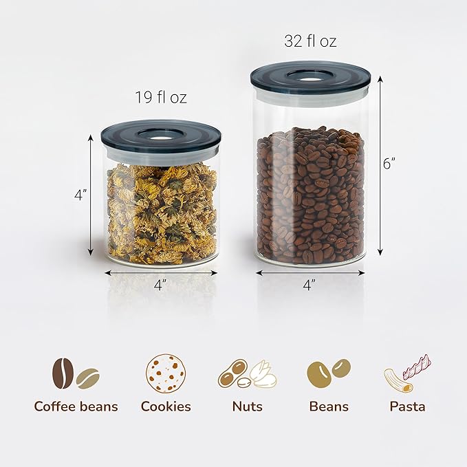 SealVax® VOYD Vacuum Coffee Canister Set – 32oz orosilicate Glass Jars with Airtight Lids for Coffee Beans, Tea & Food Storage.(without pump)