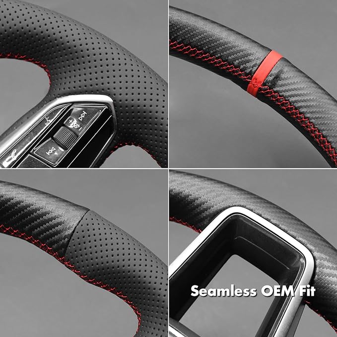 MEWANT Hand Stitch Steering Wheel Cover for Audi A6 2019-2022 A6 Allroad 2020-2022 A7 2019-2022 RS 6 Avant 2021-2022 RS 7 2021-2022 S6 2020-2022 Real Leather PU Carbon Fiber DIY Interior Accessories