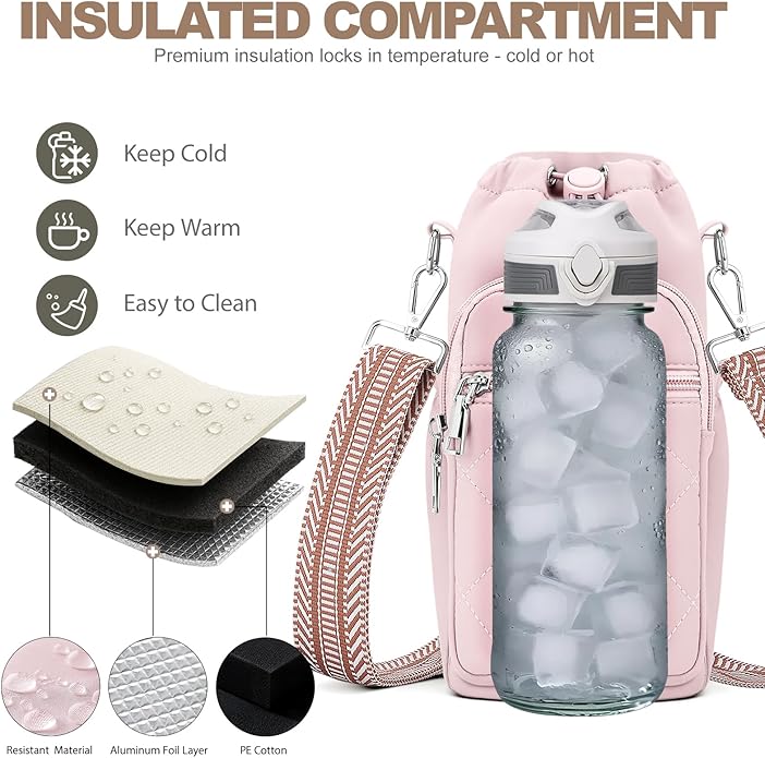 Water Bottle Carrier Bag with Strap, Water Bottle Purse with Phone Pocket 40oz for Walking Hiking