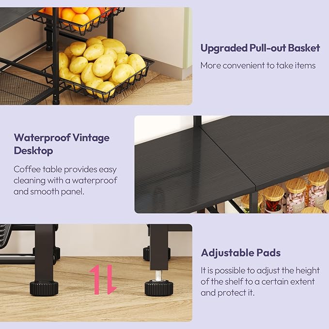 SWTYMIKI Bakers Rack with Storage - Coffee Bar Cabinet with Shelves, Coffee Station Organizer and Kitchen Stand with 8 Hooks, Baskets, Adjustable Feet for Kitchen Dining Room Pantry, Black