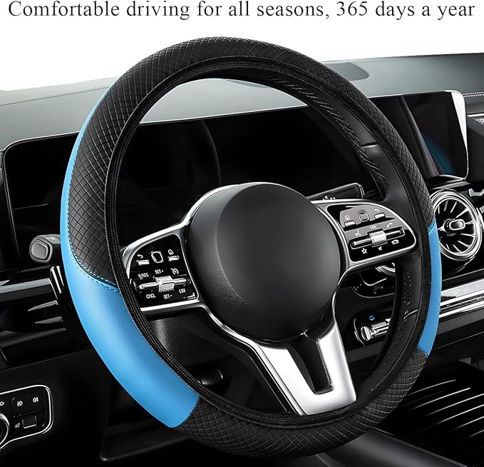 Elastic Car Steering Wheel Cover, Microfiber Leather Carbon Fiber Vehicle Steering Wheel Protector With Anti-Slip Lining - Black+Blue, AD
