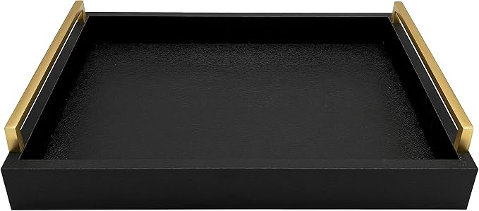 Decorative Coffee Table Tray - Shagreen Faux Leather - Ottoman Tray - Breakfast, Drinks, Liquor Serving Tray - Farmhouse to Modern - Brushed Champagne Gold Handles (Pitch Black)