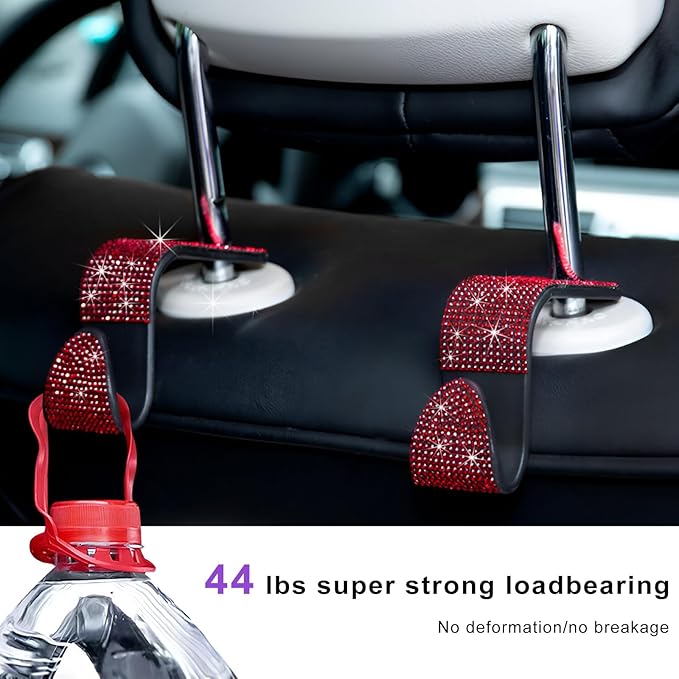 4 PCS Car Seat Headrest Hooks, Bling Crystal Rhinestone Back Seat Hanger Storage Organizer, Sparkly Seatback Holder Hooks for Purse and Bags Universal For Most Vehicles (Red)
