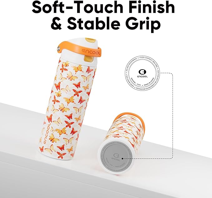 ENCOOL Leakproof Insulated Water Bottle with Straw Dual-Sip Water Bottle Bag-Safe Design for Work, Commute & Gym – Keeps Drinks Cold All Day, 32 oz, Sunset Butterflies