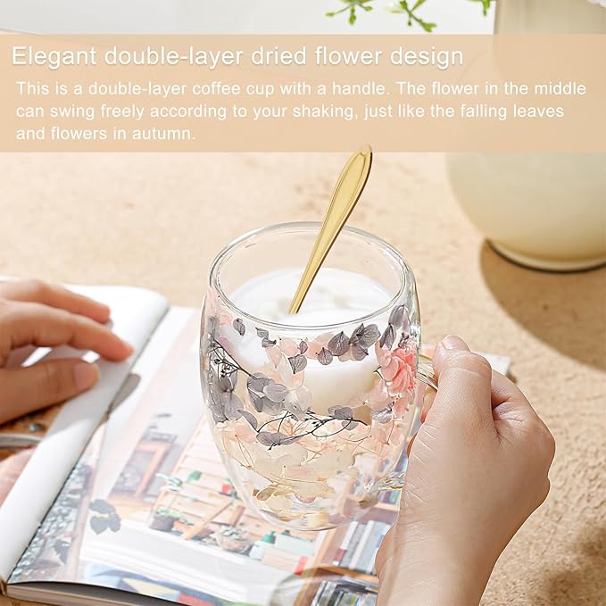 Gifts for Women Dried Flowers Double Wall Glass Coffee Mugs Cute Glass Tea Cups with Handles Christmas Birthday Gifts for Best Friend Teacher Mum Gift New Home Gift Ideas Autumn Mug Home Decor
