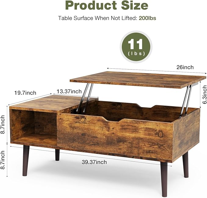 OLIXIS Wooden Coffee Table, Lift Top Coffee Table with Large Hidden Compartment and Ample Storage Shelf, Lift Tabletop Dining Table for Living Room, Home Small Space, Rustic