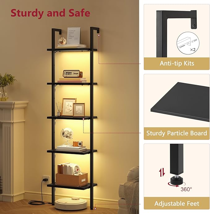 Tajsoon 5 Tier Ladder Shelf with Light, Wooden Wall Mounted Book Shelf, Ladder Bookshelf with Metal Frame, Wall Mounted Ladder Bookshelf for Office, Living Room, Bedroom, Black