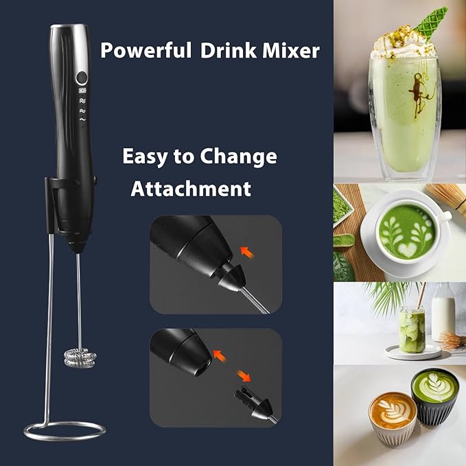 Rechargeable Milk Frother Handheld with Stand, Coffee Foam Frother Wand, Detachable Stainless Steel Whisk Drink Mixer for Coffee, Cappuccino, Lattes, Frappe, Matcha,Egg and Hot Chocolate, (Black)
