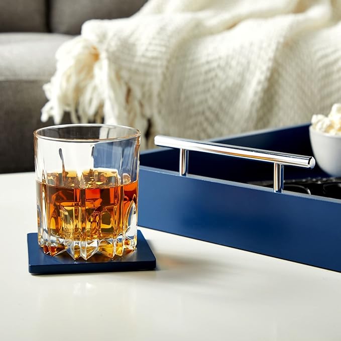 Juvale Coffee Table Tray - 15.7 x 11.8 x 3 in, Blue, Rustic Wood - Serving Tray with Interchangeable Gold & Silver Handles for Coffee Table Decor & Ottoman Use with 2 Coasters