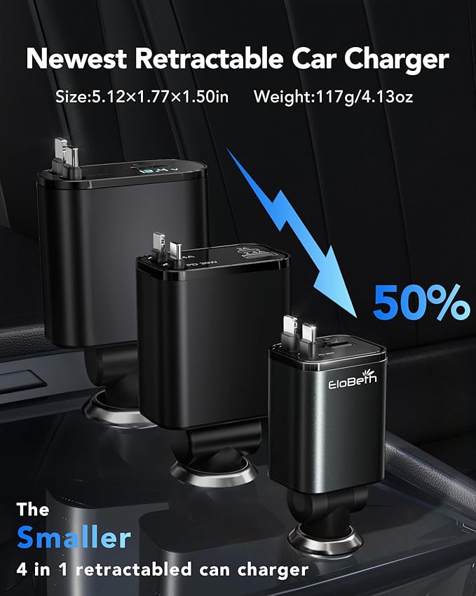 Retractable Car Charger Adapter for iPhone 17,4 in 1 Fast Charging Car Phone Charger,69W USB C Car Truck Accessories,Road Trip Essentials Gift for Men Women for iPhone 17 Pro Max/16/15/14,Galaxy S26