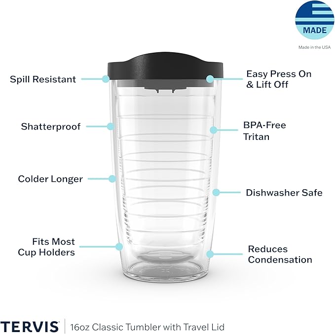 Tervis Clear & Colorful Lidded Made in USA Double Walled Insulated Tumbler Travel Cup Keeps Drinks Cold & Hot, 16oz, Clear Lid
