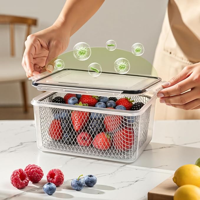 3 PCS Large Fruit storage Containers for Fridge - Leakproof Food Storage Containers with Stainless Steel Colander - Dishwasher safe Produce Containers Keep Fruits, Vegetables, Berry, Meat Fresh longer
