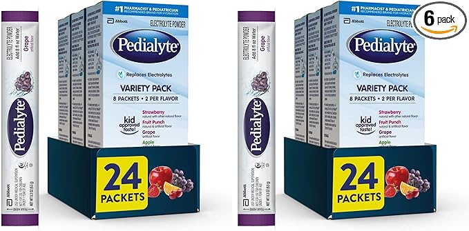 Pedialyte Electrolyte Powder, Hydration Drink for Kids & Adults, Variety Pack: Strawberry, Fruit Punch, Grape, and Apple, 24 Powder Packets,(Pack of 6)