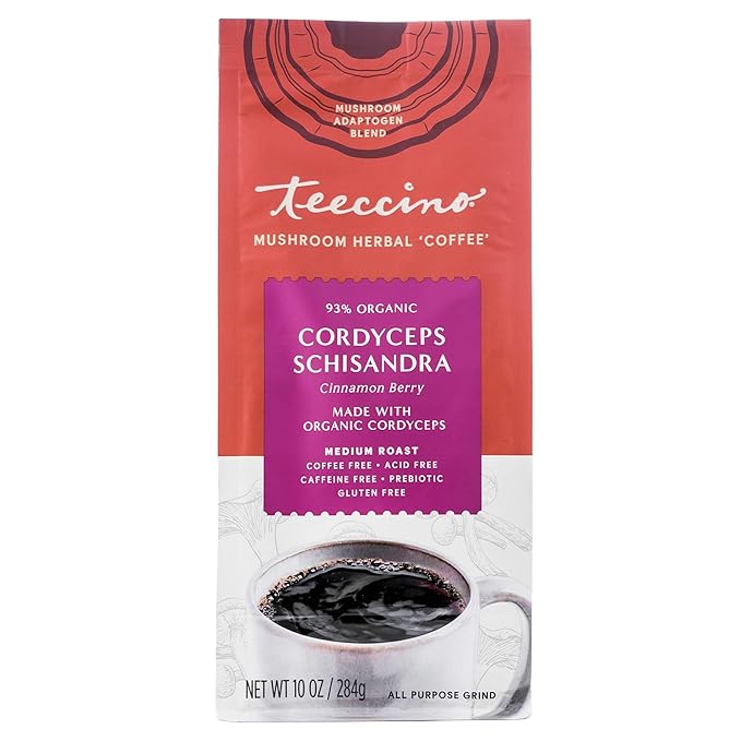 Teeccino Cordyceps Schisandra Coffee Alternative - Cinnamon Berry - Adaptogenic Herbal Mushroom Coffee, Caffeine-Free, Prebiotic, Acid-Free, Gluten-Free, All-Purpose Grind - 10 Oz