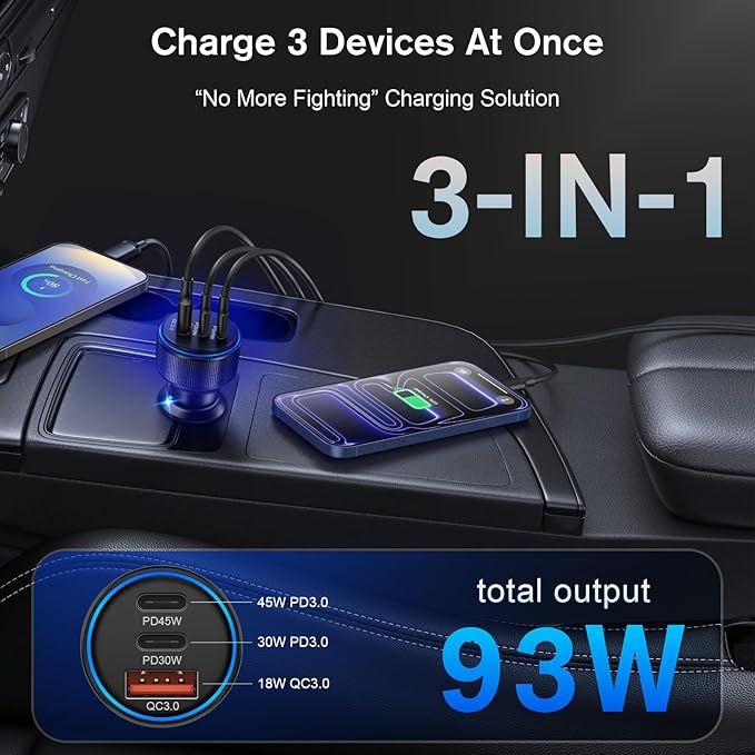 2-Pack Car Charger,93W 3 Ports Fast Charging Dual USB-C + USB-A Cigarette Lighter Adapter, PD & QC 3.0 Car Charger USB C Plug Compatibilie with iPhone 17 Pro/16/15/14,Samsung Galaxy S25/S24,Pixel