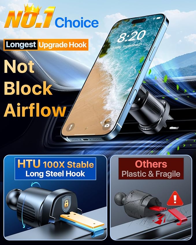 【Military-Grade】HTU for MagSafe Car Mount【Upgraded Strongest Suction】Magnetic Phone Holder Cell Stand for Dashboard Windshield Vent,Truck Cradle for iPhone 17 Pro Max 16 15 14 13 12 Tesla,Neutral Gray