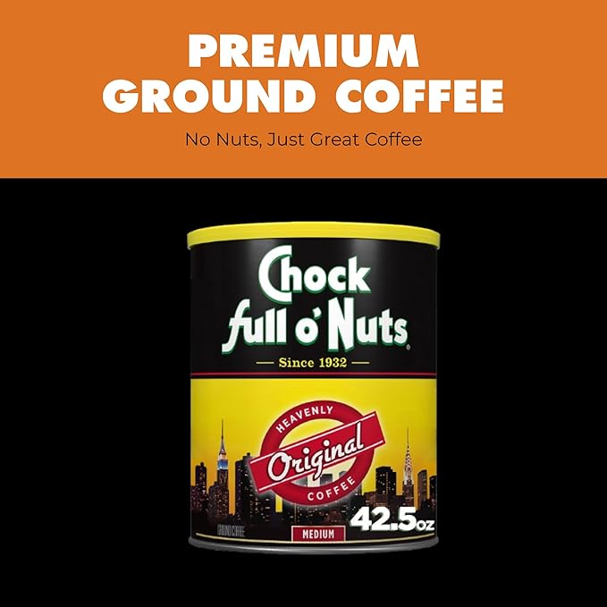 Chock Full o' Nuts Heavenly Original Ground Coffee – Premium Beans in Recyclable Steel Can – Rich Flavor & Aroma, Medium Roast – Perfect for Drip, Pour-Over, Percolator – 42.5 Oz Can