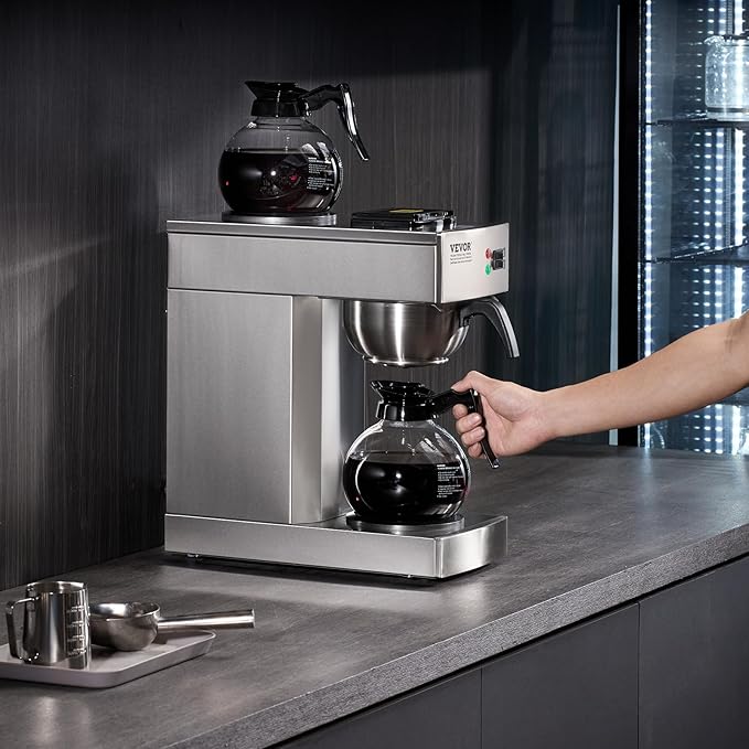 VEVOR 12 Cups Commercial Drip Coffee Maker, Coffee Maker Machine with 2 Glass Carafes and 2 Warmer Plates, Stainless Steel Pour Over Coffee Brewer for Restaurant, Office, Cafe
