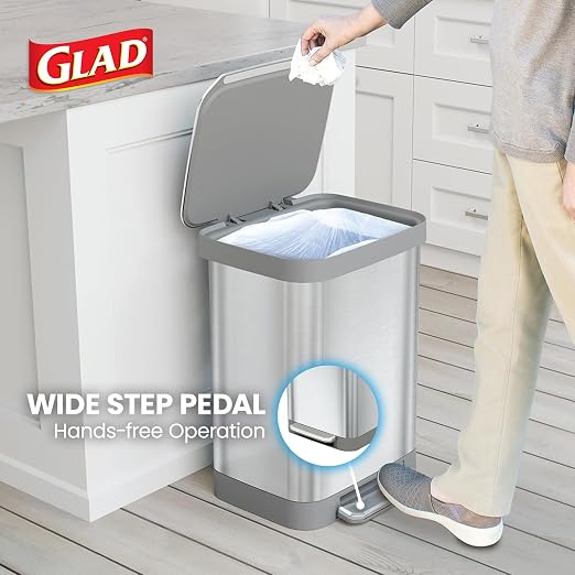 Glad 13 Gallon All Brushed Stainless Steel Trash Can with Clorox Odor Protection | Large Metal Kitchen Garbage Bin with Soft Close Lid, Garbage Bag Rings, Step On Foot Pedal and Waste Bag Roll Holder