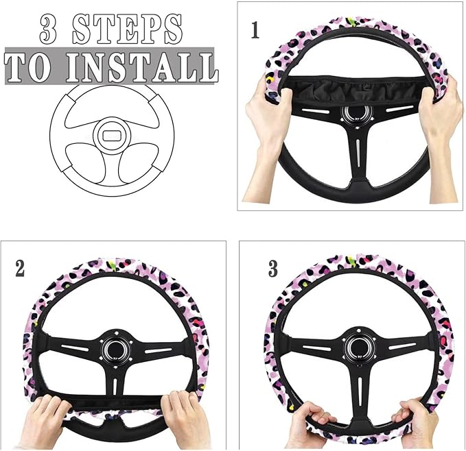 Universal Non-Slip Steering Wheel Cover, 15-inch Polyester Material Driving Accessories, Adjustable for Car and Truck(Vintage Lavender Colorful Leopard)