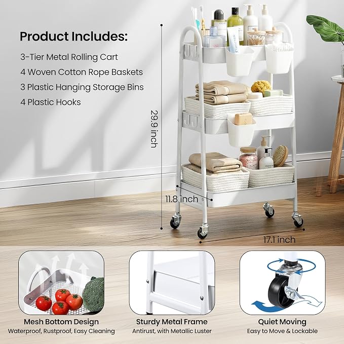 3-Tier Rolling Utility Cart with 4 Woven Baskets, Diaper Book Snack Cart, Storage Organizer for Nursery, Kitchen, Craft Room, Home SPA, Living Room, Metal Frame Trolley on Lockable Wheels, White