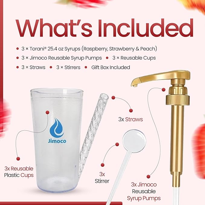 Jimoco Barista Set – Torani Raspberry, Strawberry & Peach Syrups (25.4 oz Each) with 3 Jimoco Syrup Pumps, Reusable Cups, Straws & Stirrers – Coffee, Italian Soda & Cocktail Flavoring Kit