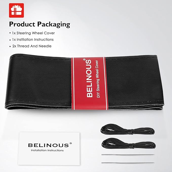 BELINOUS Universal Auto Car Stitch Steering Wheel Cover (Size M4, Black)