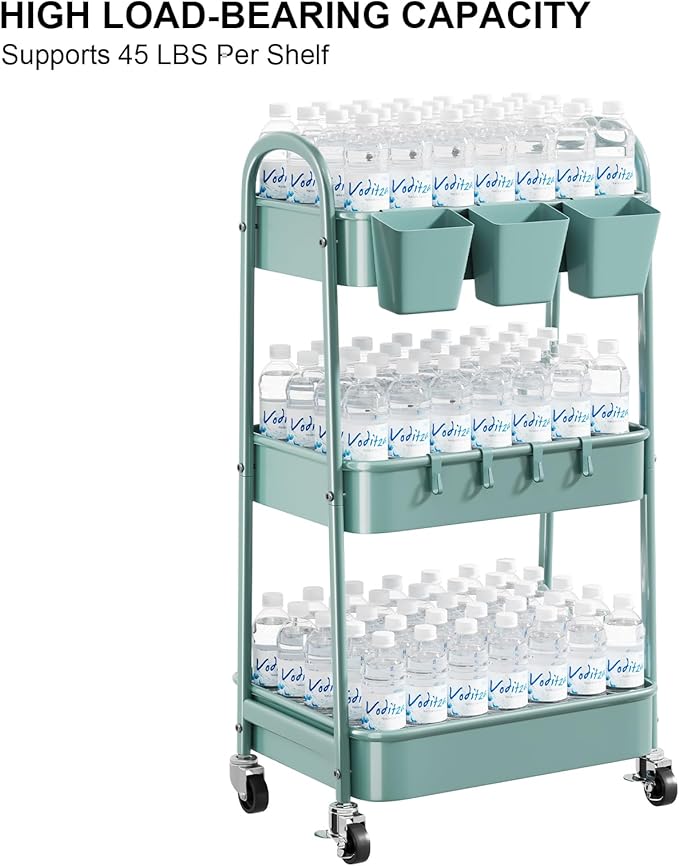 3 Tier Green Metal Rolling Cart with Lockable Wheels and Handle, 3 Tiered Utility Storage Organizer Carts for Teachers, Arts, Craft, Snack, Book, Bedside, Nursery, Cleaning Supplies, Easy Assembly