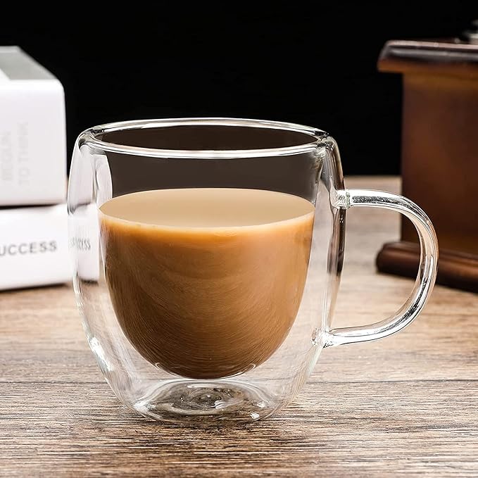 8oz Double Walled Glass Coffee Mugs with Handle, Clear Cappuccino Glass Mug Set of 4, Insulated Layer Coffee Cups, Clear Borosilicate Glass Mugs, Glasses Espresso Mugs for Coffee