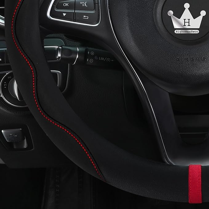 Luxury Suede Steering Wheel Cover for Cars, Soft Leather Padded Wheels Cover for Sedan, SUV, Thin Car Handle Cover, Universal Fit, Anti Slip, 14.75-15.15in, Black