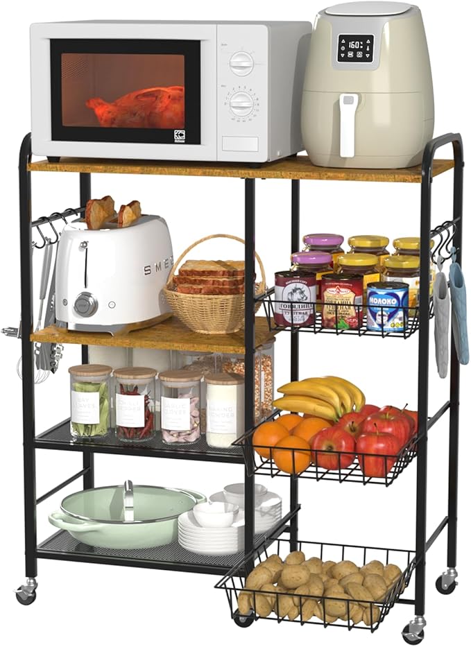 HapiRm Rolling Kitchen Microwave Cart - 4 Tier Microwave Table Stand with Pull-Out Baskets, Coffee Bar Baker's Rack with Wheels Rolling Storage Cart Organizer Shelf for Living Room Office, Balcony