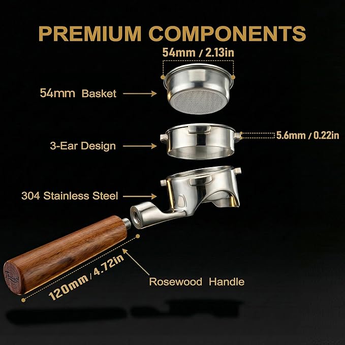 54mm 3 Ear Bottomless Portafilter for Breville BES870/878/880/876/840/820 Series Espresso Machines - Rosewood Handle with 304 Stainless Steel Filter Basket
