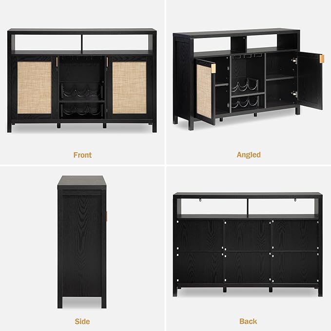 SICOTAS Rattan Coffee Bar Cabinet, 102" Sideboard Buffet Cabinet with Storage, Modern Liquor Wine Cabinet Set of 2 Credenza Console Buffet Table for Home Living Dining Room Entryway, Black