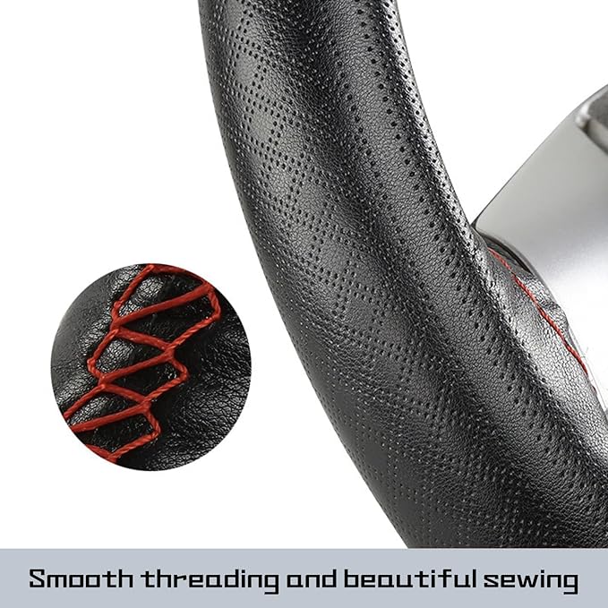 Comfortable Leather Steering Wheel Cover, Non Slip and Breathable, Suitable for 15 Inch Steering Wheel (Red Stripe