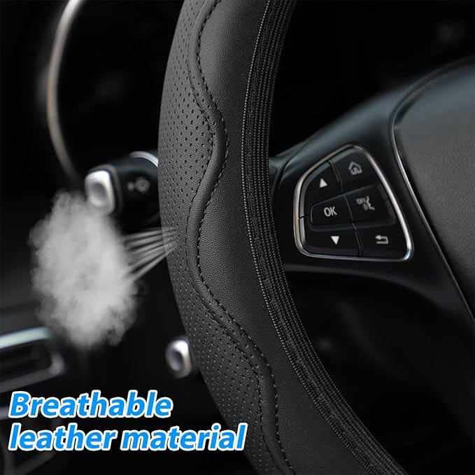 Elastic Stretch Car Steering Wheel Cover, Leather Soft Vehicle Steer Wheel Protector, 14.5-15 Inch Anti-Slip Automotive Protective Guard Accessories, Universal for SUV, Sedan, Truck (Black)