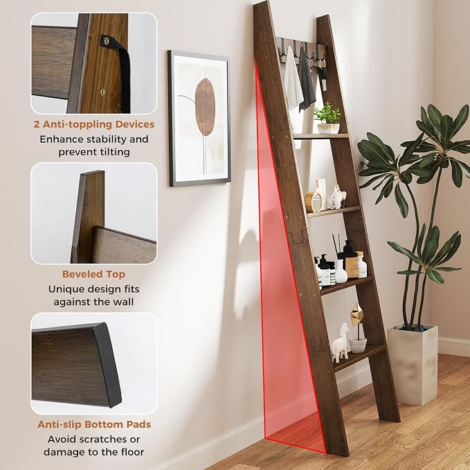 GOFLAME 5-Tier Blanket Ladder, 58.5” Bamboo Decorative Ladder Shelf with 4 Removable Hooks and 4 Deep Rungs, Wall Leaning Farmhouse Quilt Rack Holder for Living Room, Bedroom, Bathroom