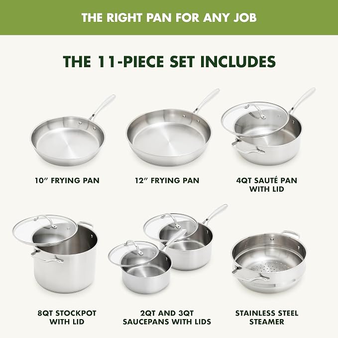 GreenPan Stainless Steel Cookware Set, 11 Piece, Induction Cookware, Dishwasher Safe, Oven Safe to 600F, Large 8QT Stock Pot, Sauce, Saute, Frying Pans, Pots & Pans Kitchen Essentials, Silver