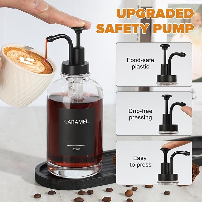 Coffee Bar Accessories, Glass Syrup Dispenser with Pump, 16.9 fl oz/500ml Syrup Bottles for Coffee Bar Organizer, Labels, Spoons,4 Pack
