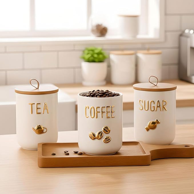 jessie 27oz Ceramics Coffee Canisters with Airtight Seal Bamboo Lid Silicone,Coffee Bean Storage for Kitchen Countertop,Food Storage Jars for Coffee Bean Ground Coffee (Three piece)