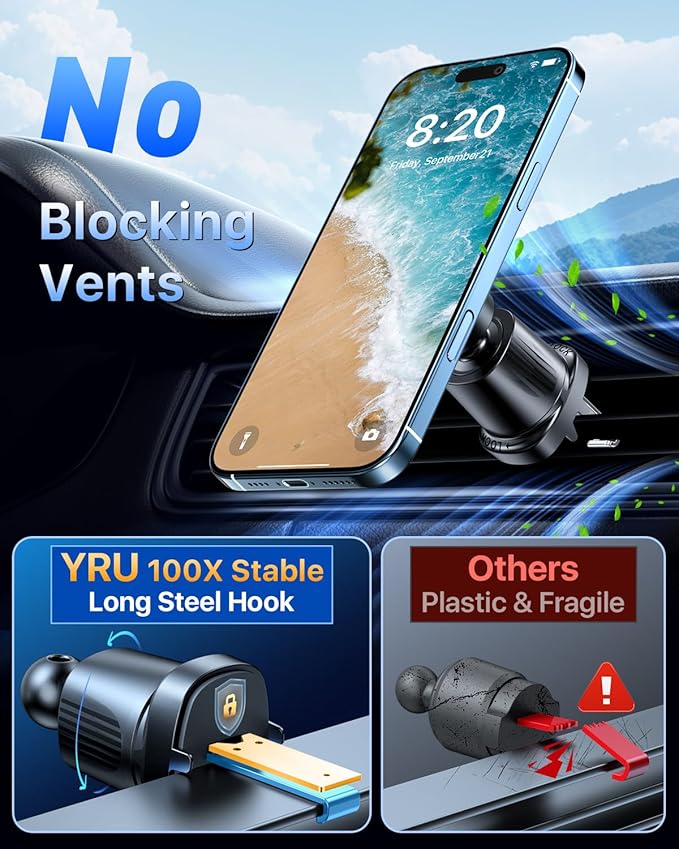 YRU [Truely Upgrade & Patent] Car Phone Holder for Magsafe [98+LBS Strongest Suction & Enhanced Magnetic] Dashboard Car Mount Windshield Vent Phone Stand for iPhone 17/16/15/14/13/12 Pro Max (Golden)
