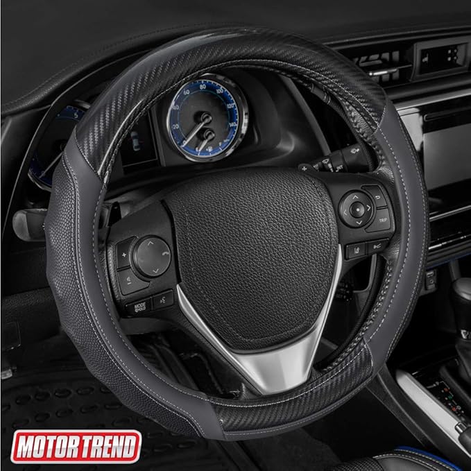 Motor Trend UltraSport Gray Carbon Fiber Steering Wheel Cover, Standard 15 inch Size, Black Faux Leather Comfort Grip, Car Steering Wheel Cover for Auto Truck Van SUV