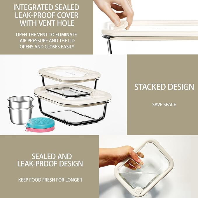 Glass Food Storage Containers with Silicone Glass Lids, Stainless Steel Salad Dressing Containers, LeakProof Food Containers Set, 4-pack 12-21-35-50 oz（White）