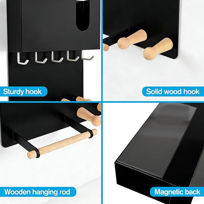 Magnetic Key Holder & Umbrella Holder for Wall, Multi-Functional Entryway Shelf for Tissues. Sturdy Hooks for Keys, Bags. Space Saving Organizer for Apartment, Dorm Room (Black)