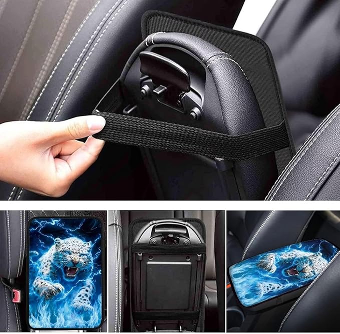 Lightning Leopard Print Car Arm Rest Cover Pad Dust-Proof Anti-Slip Center Console Cushion Pad Universal Car Interior Decor Accessories for Truck Sedan SUV, Easy to Install
