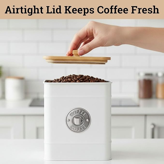 Airtight Coffee Canister - 40 oz Large Iron White Coffee Container Airtight - 6 x 8 inch Metal Jar - Stylish Countertop Container for Grounds, Beans, Pods & More with Rubber-Lined Bamboo Lid