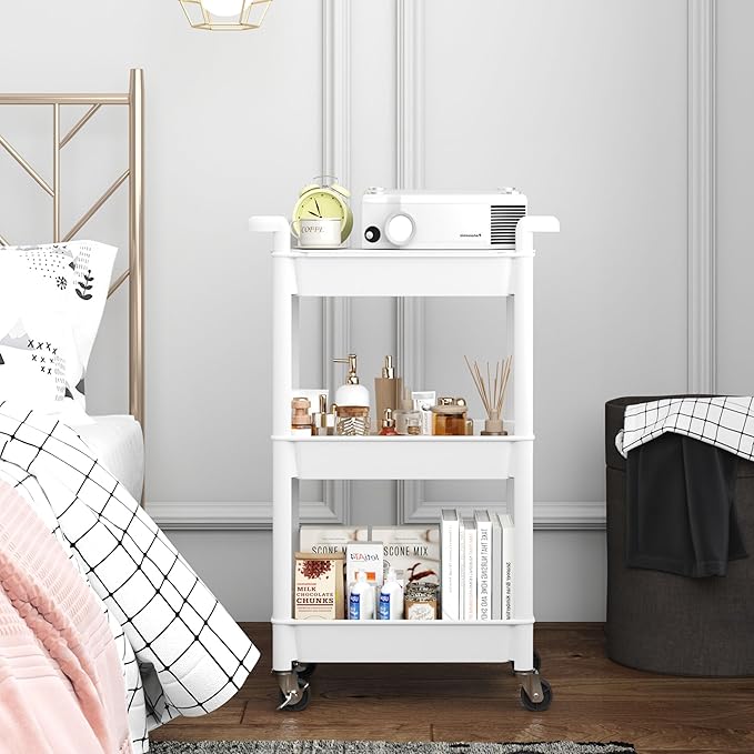 MIOCASA Utility Rolling Cart with Cover Top Board, 3-Tier Kitchen Storage Organization, Art Cart with Wheels for Office, Classroom, Livingroom, Kitchen, Bathroom (White, 3-Tier-Plastic)