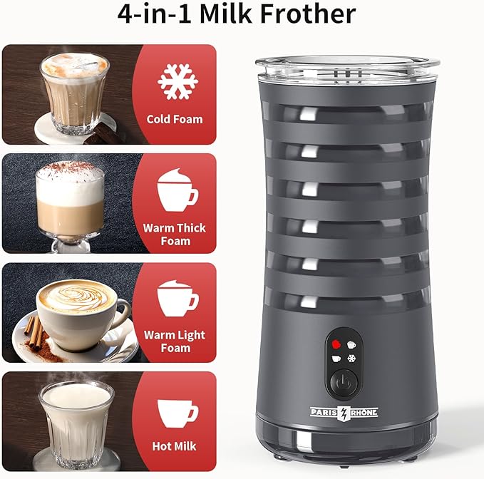 Milk Frother, Paris Rhône 4-in-1 Milk Steamer and Frother, Hot & Cold Foam Milk Warmer with Temperature Control, Gray