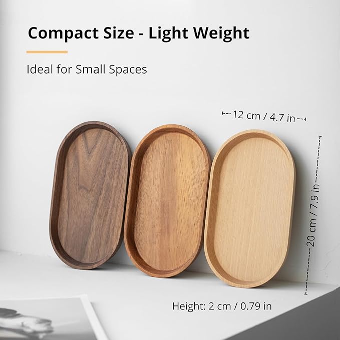 Mini Serving Trays for Parties, Small Decorative Tray for Tea＆Coffee, Oval Wooden Plates for Serving Food for Appetizer＆Vegetables for Bathroom 7.8"×4.6" (Acacia, Set of 2)