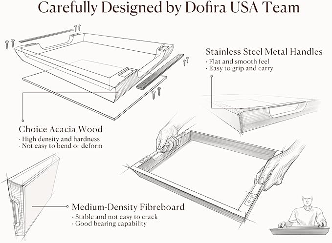 Acacia Wood Serving Tray with Metal Handles, 17x13in Food Drinks Tray for Coffee Table, Breakfast, Dinner & Bar, Rustic Decorative Storage Tray for Ottoman, Kitchen, Elegent Gift Packaging